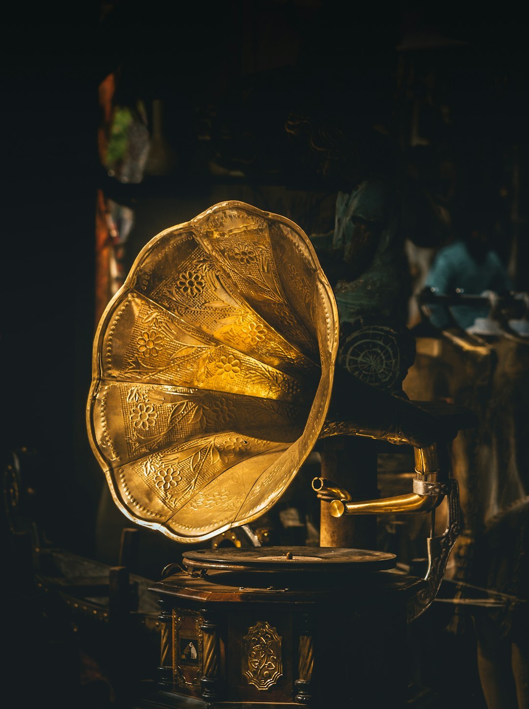 Still life of a vintage record player and mid-century decor objects