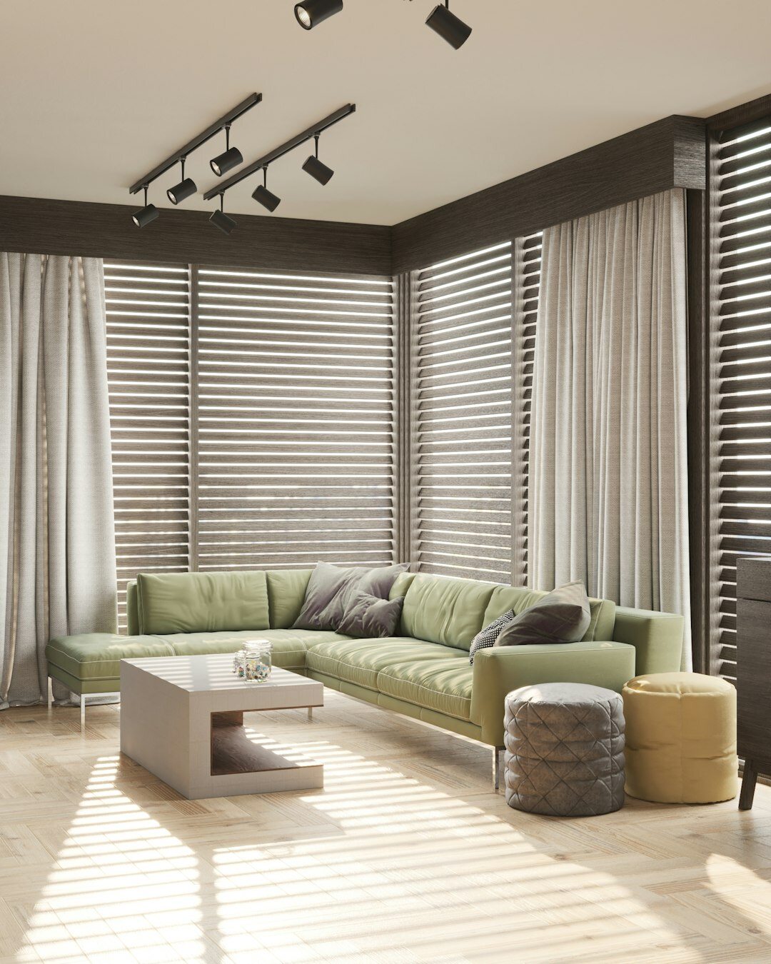 Elegant living room interior with large windows, mid-century modern furniture, warm lighting