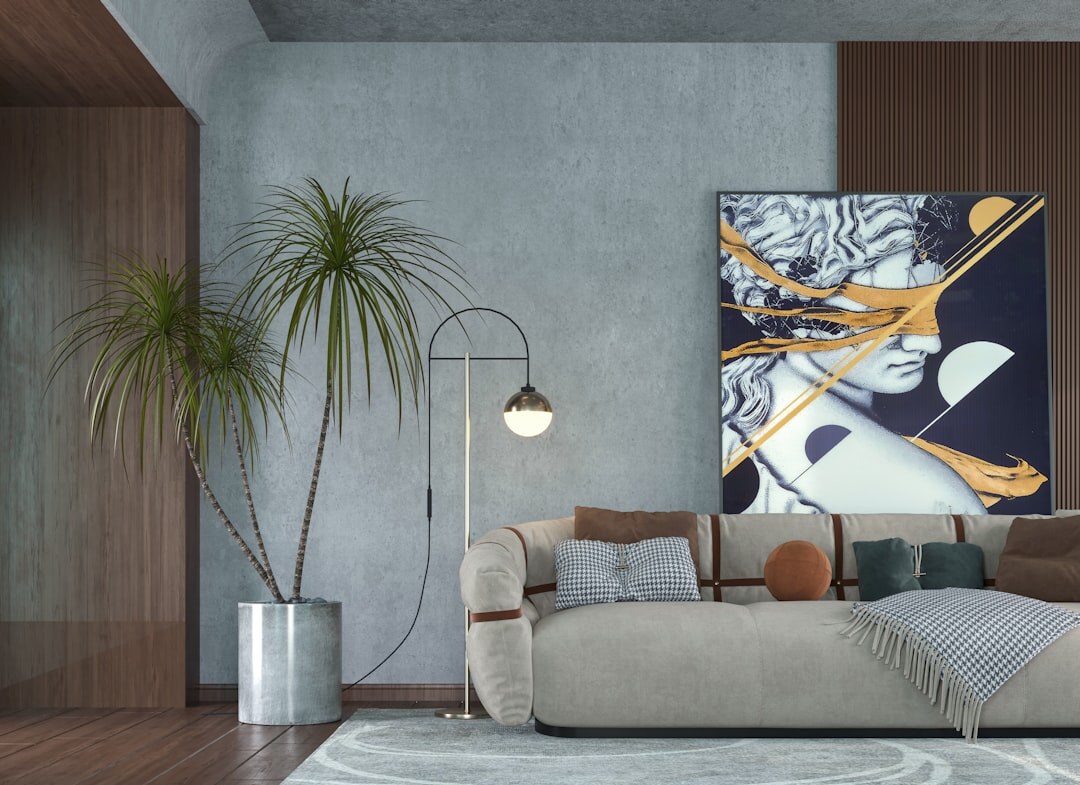 Designer living room with contemporary art and velvet sofa